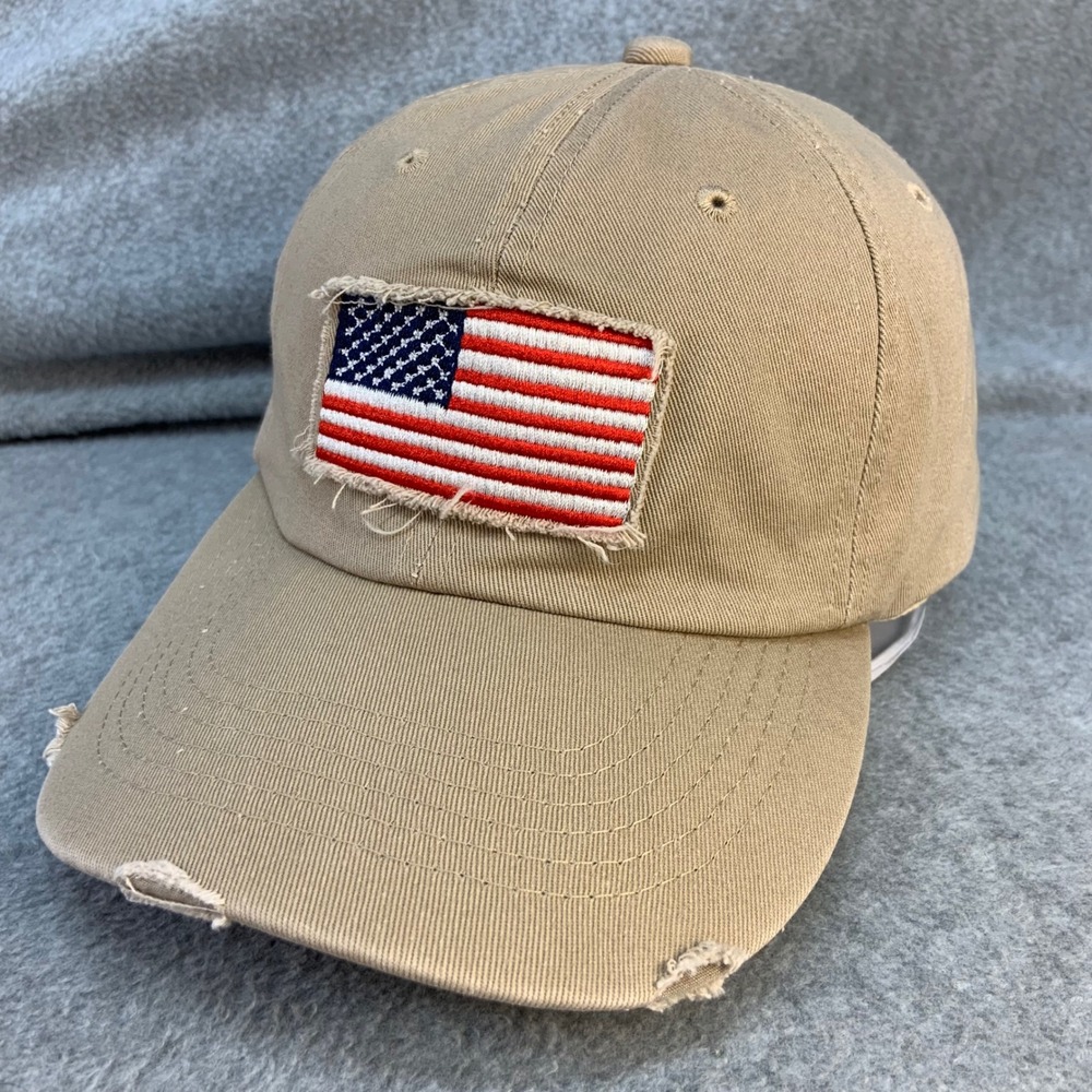 American Flag Patch Mens Tan Unbranded Baseball Cap Distressed Dad Hat OSFM